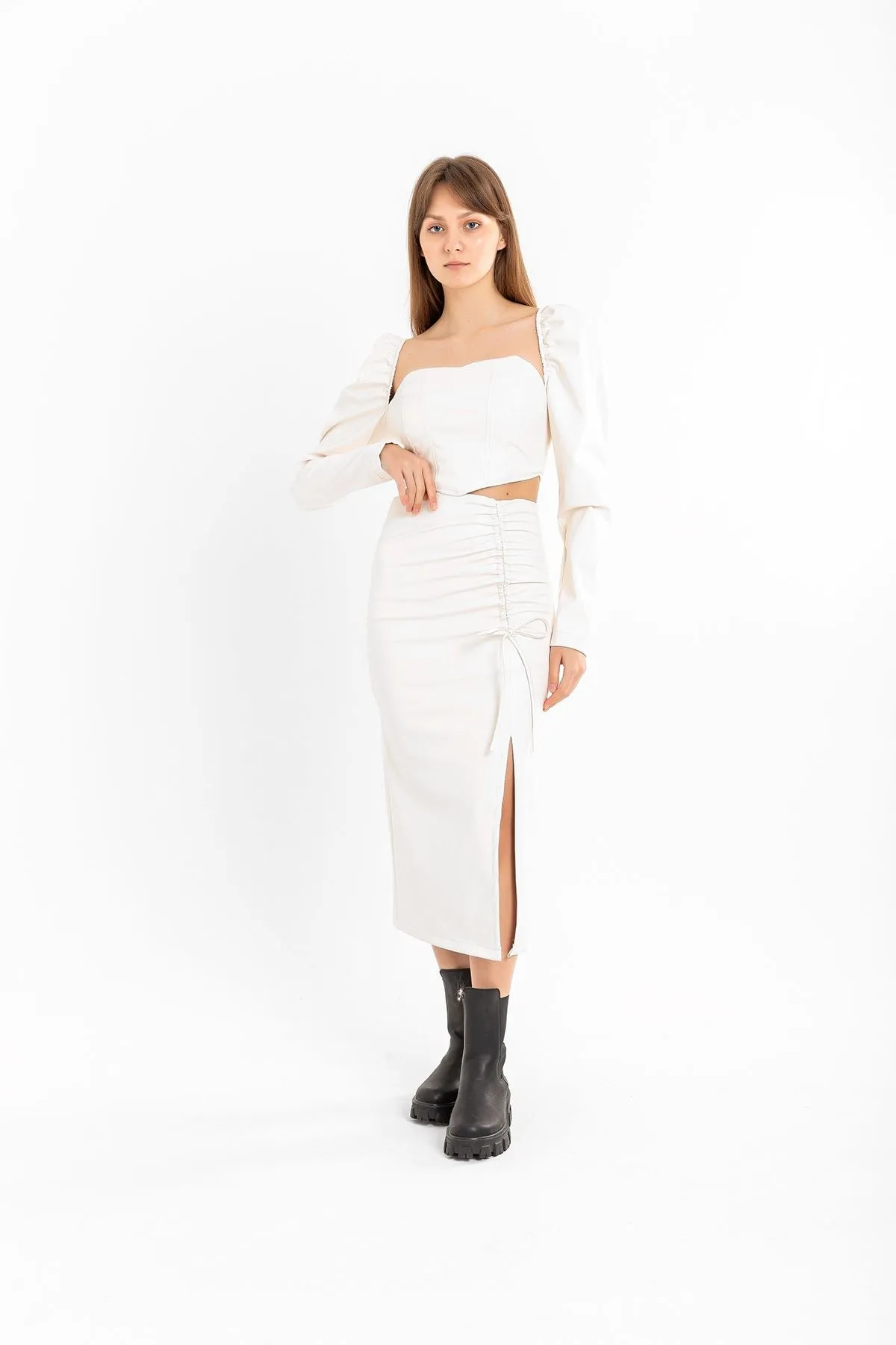 KKT Leather Fabric Above Knee Shirred Slit Women'S Skirt - Ecru - Bloomington