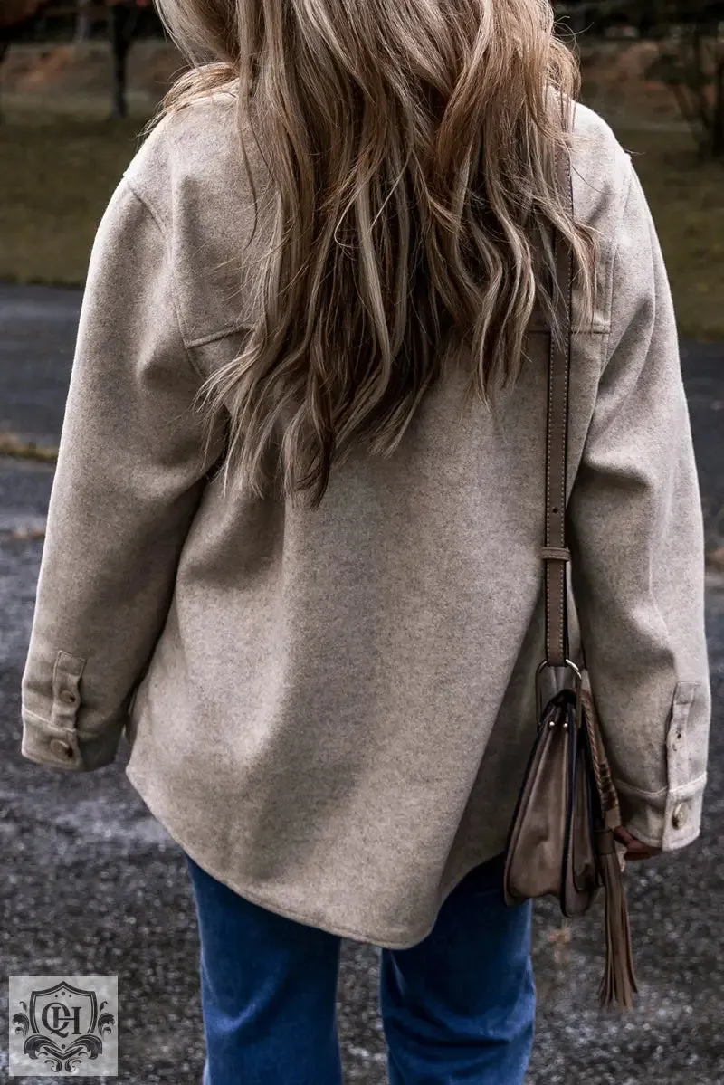 Light Grey Turn Down Collar Flap Pockets Buttoned Shacket