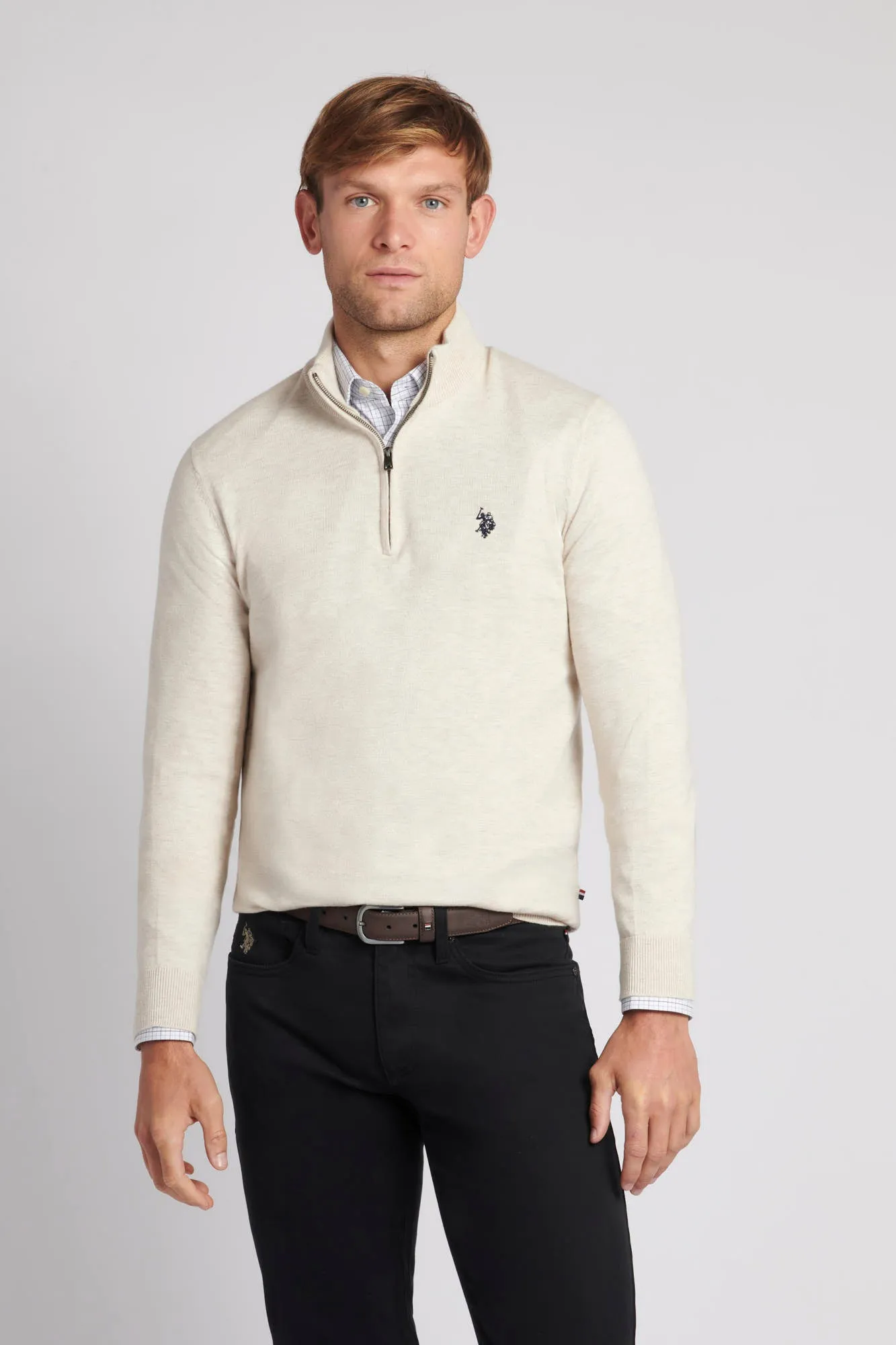 Mens Cotton Funnel Neck 1/4 Zip Knit in Birch Marl