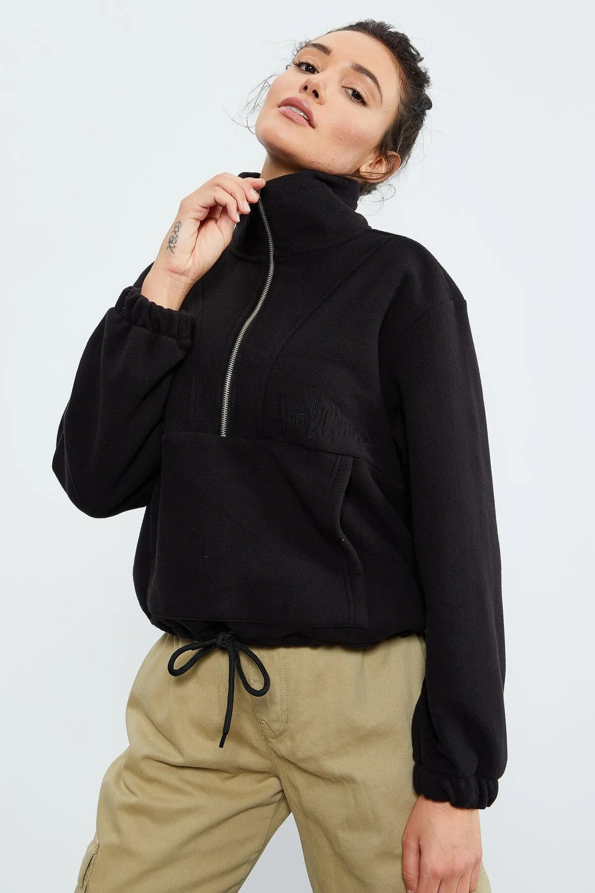TMY Black Half Zip Skirt Hem Ruched Women's Polar Oversize Sweatshirt - 97171 - Leominster